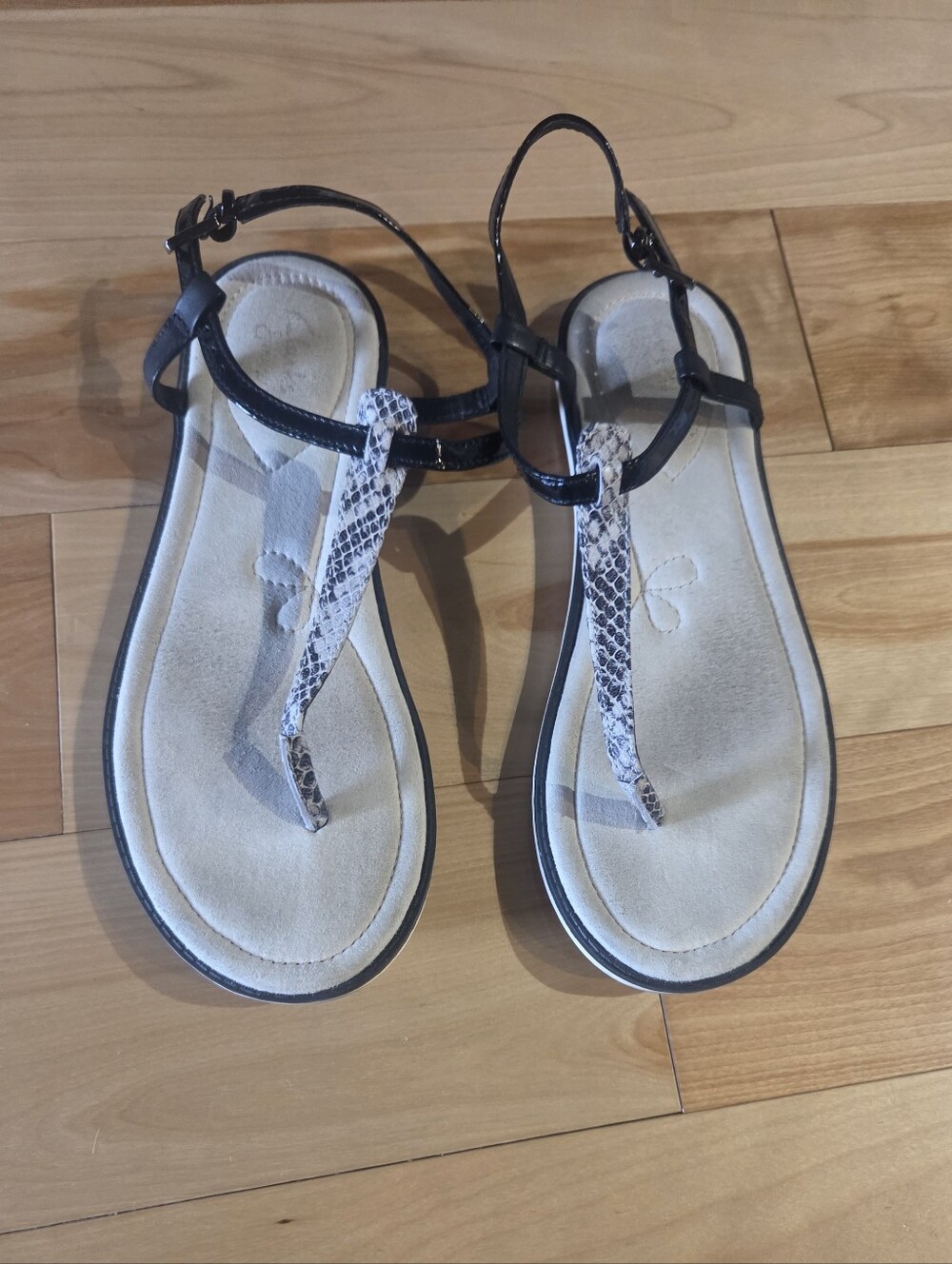 Clarks Black Strappy Sandals with White Snake-Print T-Strap